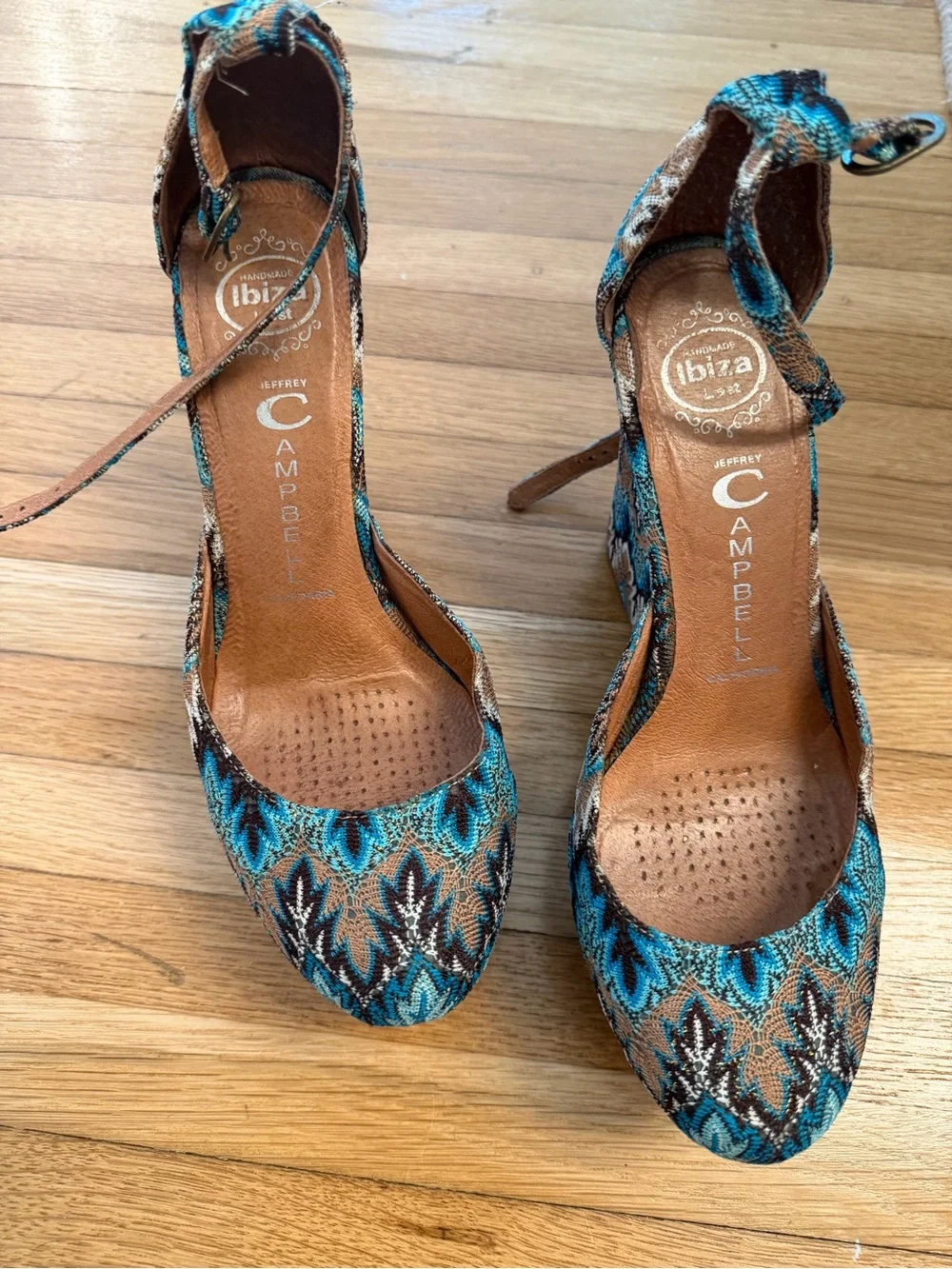 Jeffrey Campbell “Bette” Women’s Blue Patterned Wedge Sandals